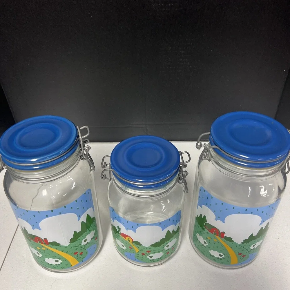 Lot Of 3 Anchor Hocking 1982 Nina Blue Country Farm Storage Jars Excellent Shape